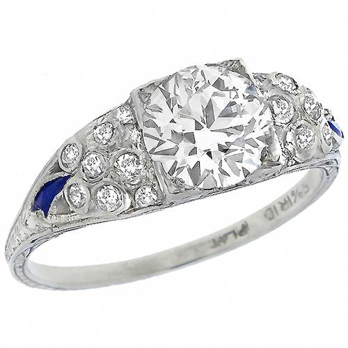 Antique  1.45ct Old European Cut Diamond Sapphire Platinum Engagement Ring 