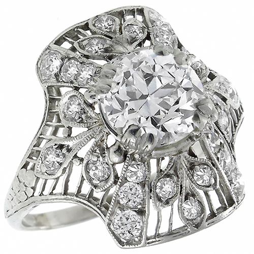 GIA Certified 1.50ct Old Mine Cut Diamond Platinum Ring