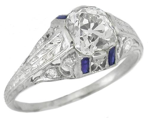 Art Deco 1.51ct Cushion Cut Diamond Sapphire Platinum Engagement Ring