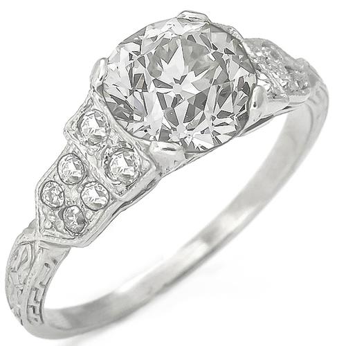 Vintage 1.55ct Old European Cut Diamond 0.30ct Old Mine Cut Diamond Platinum Engagement Ring