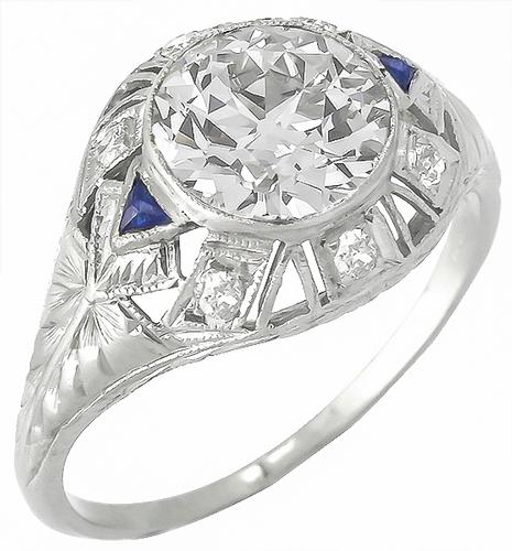 Art Deco 1.55ct Old European Cut Diamond Sapphire Platinum Engagement Ring