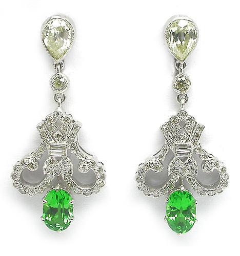 Vintage Oval Cut Tsavorite Pear and Round Cut Diamond 18k White Gold Earrings