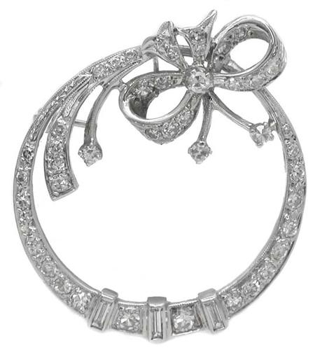 Art Deco 2.20ct Baguette and Round Cut Diamond 14k White Gold Pin