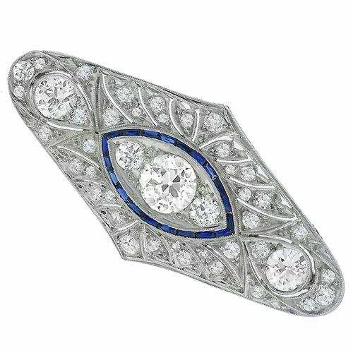 Antique 2.85ct Old Mine Cut Diamond & Faceted Cut Sapphire Platinum Pin