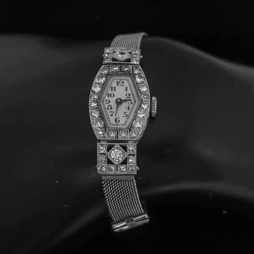 Antique  2.50ct Old Mine Diamond Platinum 18k Whie Gold Watch by Girard Perregaux