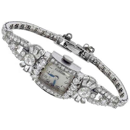 Antique Hamilton 4.00ct Round & Baguette Cut Diamond Platinum Watch 
