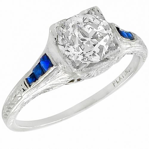 Antique EGL Certified 1.33ct  Old European  Diamond Sapphire Platinum Engagement Ring 