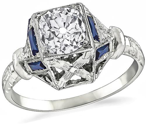 Vintage Old Mine Cut Diamond Sapphire 14k White Gold Engagement Ring