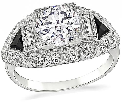 Vintage Old European Cut Diamond Onyx Platinum Engagement Ring