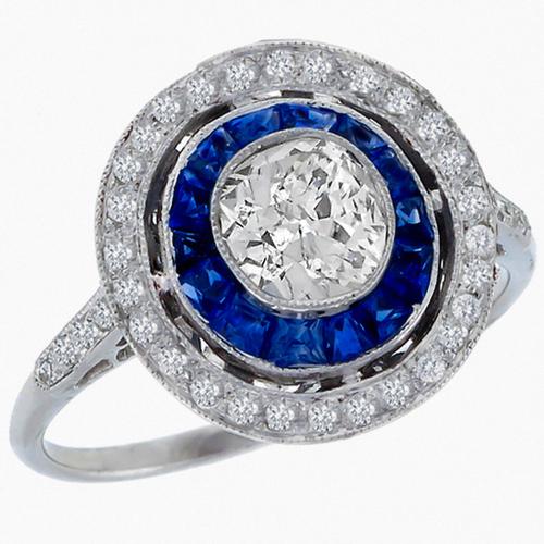 Antique Style 0.60ct Old Mine Cut Diamond 0.68ct French  Cut Sapphire  18k White Gold Engagement Ring 