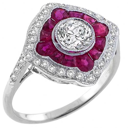 Antique Style 0.98ct Total Diamond 0.91ct Facelet Cut  Ruby 18k White Gold Ring