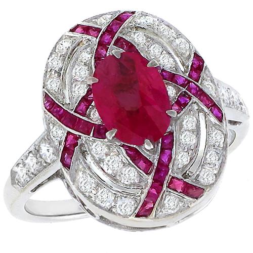 Art Deco Style 1.80cttw  Oval Cut Ruby 0.45ct Round Cut Diamond 18k White  Gold Ring 