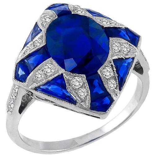 Antique Style 3.39ct Sapphire 0.42ct Diamond Gold Ring 