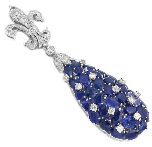 Art Deco Style 37.55ct Ceylon Sapphire 3.50ct Diamond 18k White Gold Pendant