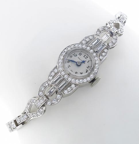  4.00ct Round Cut Diamond Platinum Watch By  Waltham