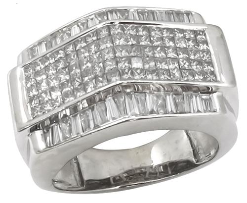 <B> Vintage </B> 3.20ct Princess Cut Diamond & 1.00ct Baguette Cut Diamond 18k White Gold Ring