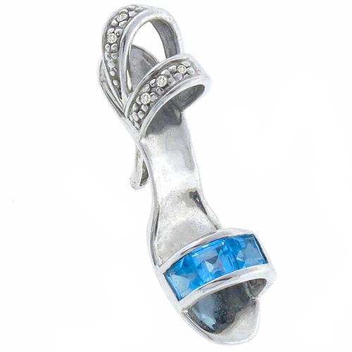 Sqaure Cut Blue Topaz Round Cut Diamond 10k White Gold  Shoe Pendant