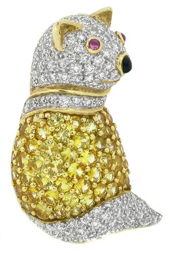 3.30ct Citrine 1.20ct Diamond Ruby Onyx 18k Gold Cat Pin