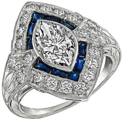 Art Deco Style Marquise Cut Diamond Sapphire Platinum Engagement Ring