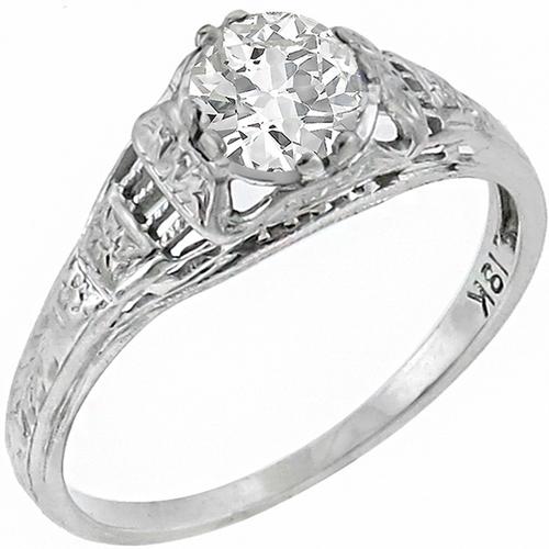 Antique  0.56ct Old Mine Cut Diamond 18k White Gold Engagement Ring