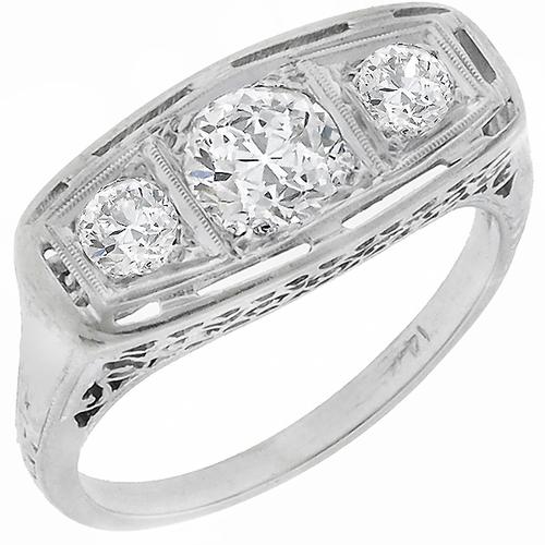 Antique  1.10ct 3 Stone Old Mine Diamond 14k White Gold Ring