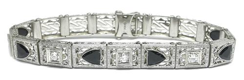 Antiqued Old Mine Cut Diamond & Onyx 14k White Gold Bracelet