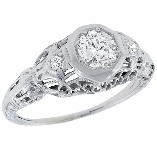 Antique GIA Certified 0.56ct Round  Brilliant Diamond 14k White Gold Engagement Ring 