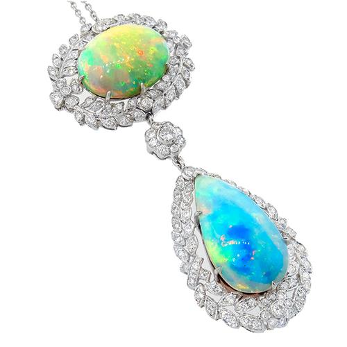 Antique   Style 17.72ct  Cabochon Oval & Pear  Shape Opal  1.60ct  Round Diamond 14k White Gold Pendant