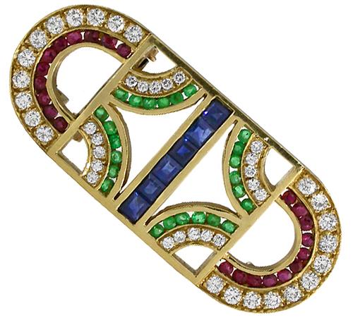 0.70ct Emerald 0.90ct Ruby 1.20ct Sapphire 1.30ct Diamond 18k Yellow Gold Pin