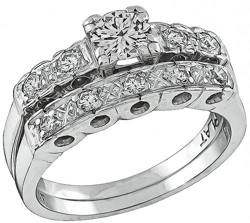 Round Cut Diamond Platinum Engagement Ring and Wedding Band Set