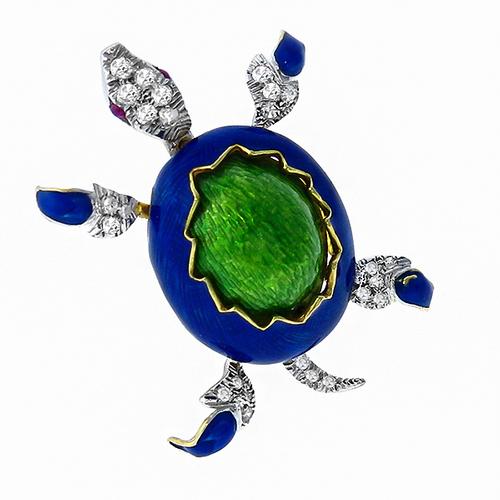 0.40ct Round Cut Diamond  Cabochon Ruby Blue & Geen Enamel  Gold Turtle Pin 