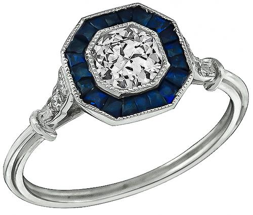 Art Deco Style Round Cut Diamond Sapphire Platinum Engagement Ring