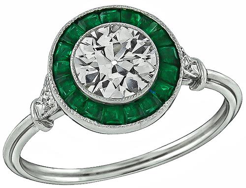 Art Deco Style Old Mine Cut Diamond Emerald Platinum Engagement Ring