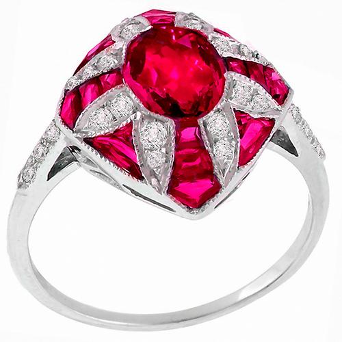 Art Deco Style 0.95ct Oval & 0.90ct Faceted Cut Ruby 0.25ct Round Cut Diamond 18k White Gold Ring 