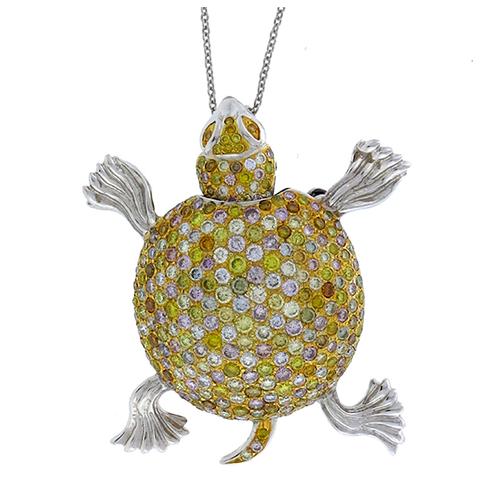 Vintage 10.00ct Round Cut  Multi Color  Natural Fancy Diamond 18k White Gold Turtle Pin/ Pendant