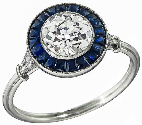 Art Deco Style Old Mine Cut Diamond Sapphire Platinum Engagement Ring