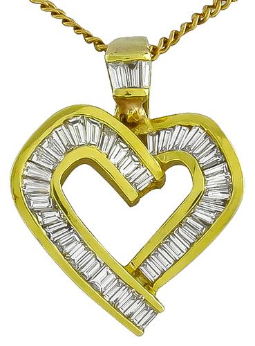 Baguette Cut Diamond 18k Yellow Gold Heart Pendant