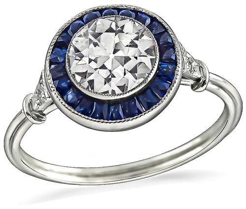 Art Deco Style Old Mine Cut Diamond Sapphire Platinum Engagement Ring