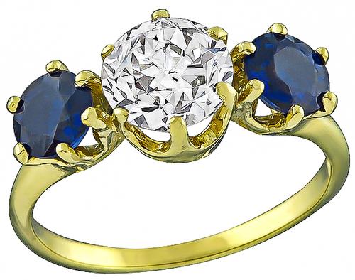 Old Mine Cut Diamond Round Cut Sapphire 18k Yellow Gold Ring