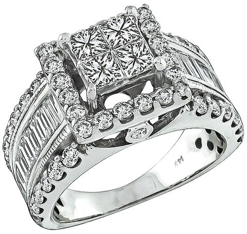 Princess Round and Baguette Cut Diamond 14k White Gold Ring