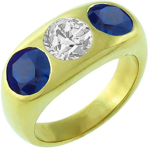 3 Stone 0.75ct Diamond 1.60ct Ceylon Sapphire Gypsy Men's Ring