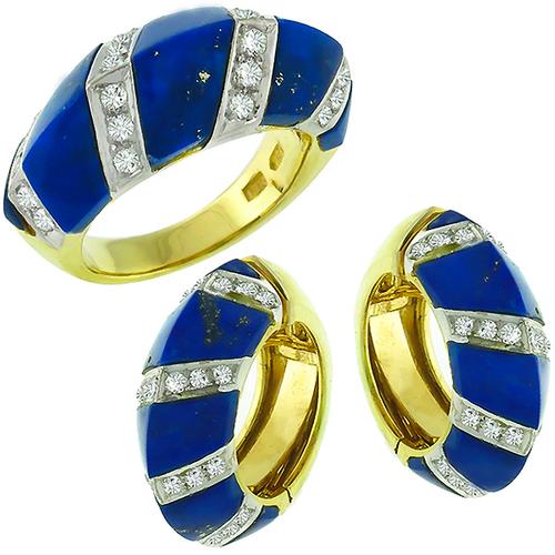 1.85ct Diamond Lapis Gold Huggies Earrings & Ring Set 