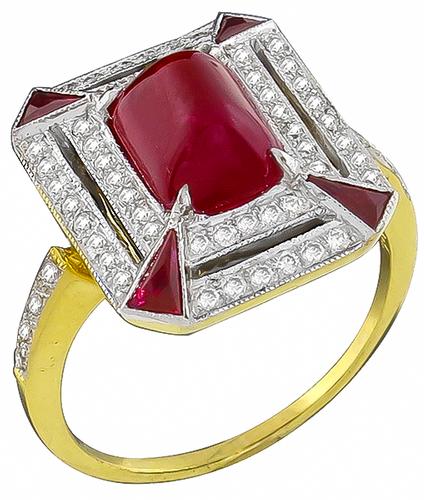 Art Deco Style Sugarloaf and Triangle Cut Ruby Round Cut Diamond 18k Yellow and White Gold Ring