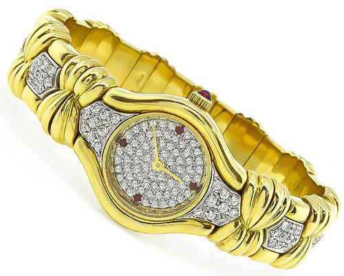 18k Yellow Gold Round Cut Diamond Bangle Watch