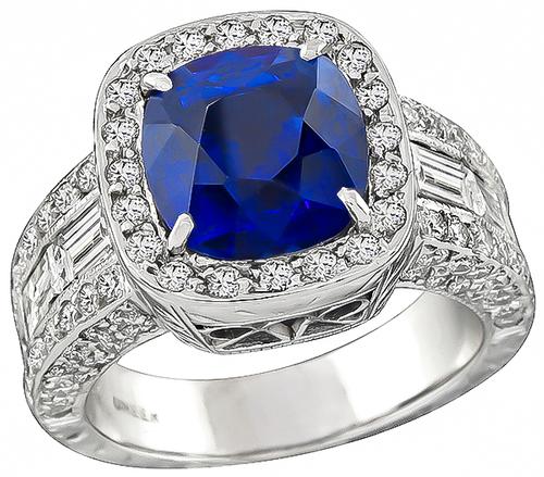 5.39ct Cushion Cut Ceylon Sapphire, 3.90ct  Baguette & Round Cut   Diamond 18k White Gold   Ring