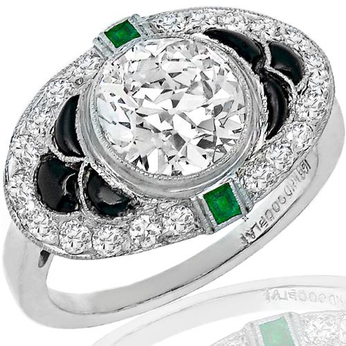 Antique GIA Diamond Onyx Emerald Platinum Ring