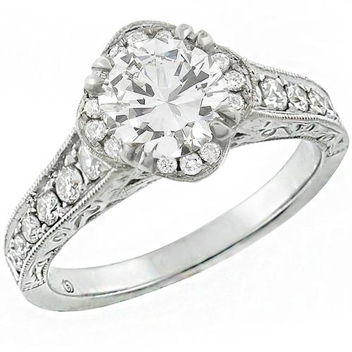 Art Deco Style  GIA Certified 1.13ct Round  Brilliant Diamond 14k White Gold Engagement Ring