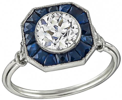 Art Deco Style Old Mine Cut Diamond Sapphire Platinum Engagement Ring