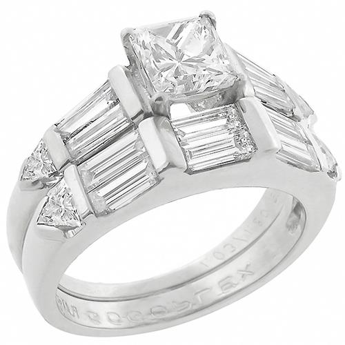 Vintage GIA Certified 1.22ct Princess Cut Diamond Platinum Engagement Ring and Diamond Platinum Wedding Band Set  