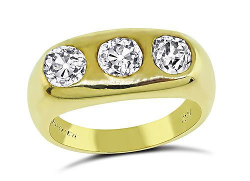 Old Mine Cut Diamond 14k Yellow Gold 3 Stone Ring